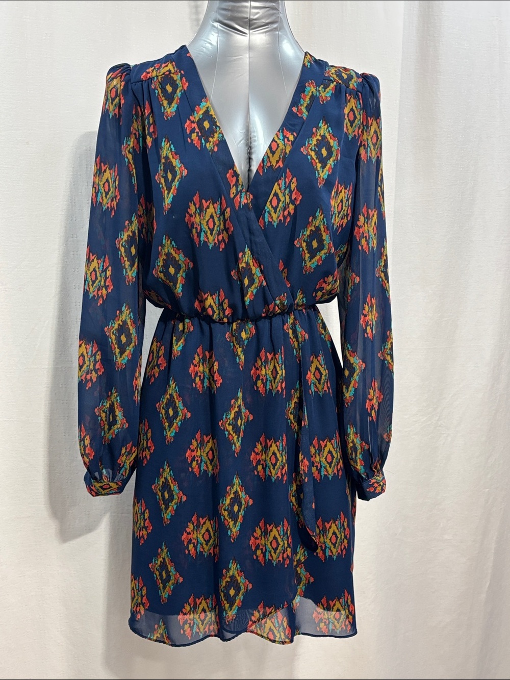 Honey Punch That's a Wrap Dress Womens Blue Gold Aztec Print Mini 202 trendy